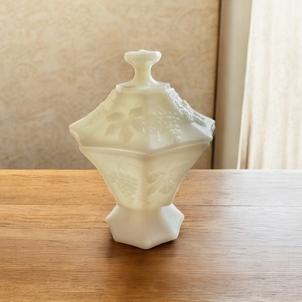 Anchor Hocking Milk Glass Grapes and Leaves Octagon Candy Dish with Lid